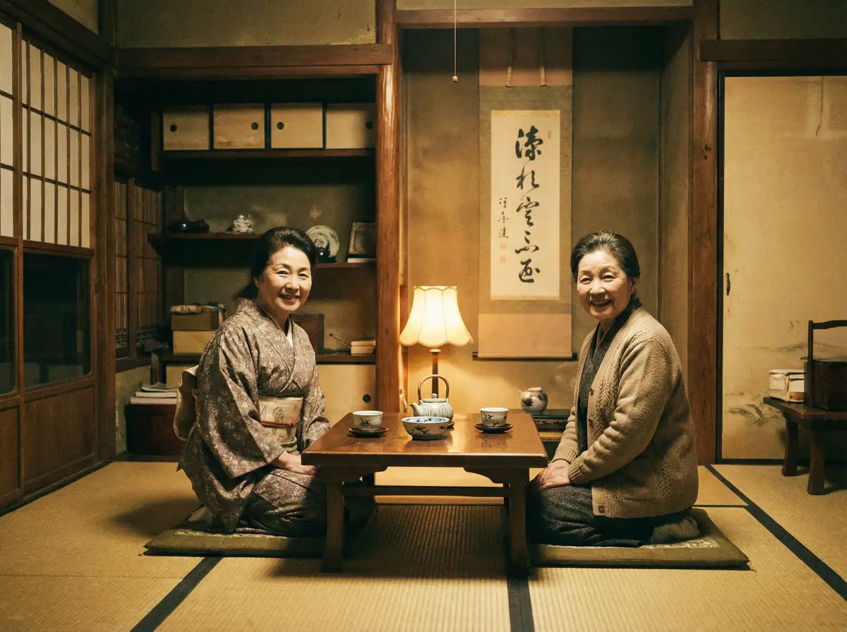 两位优雅的 快猫 在日式茶室中品茶交谈